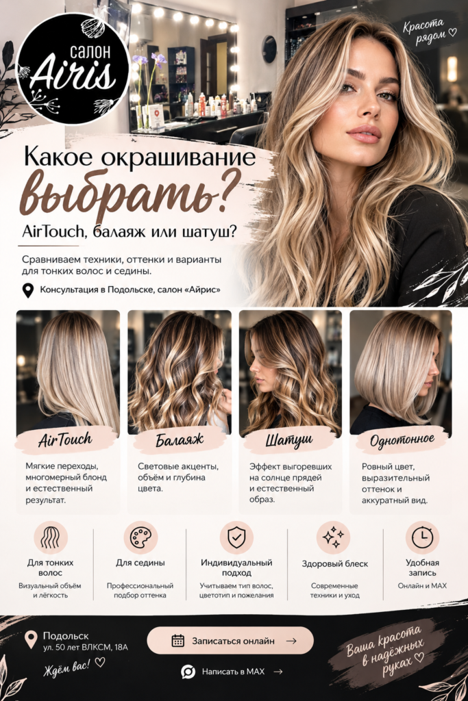 Какое окрашивание выбрать: AirTouch, балаяж, шатуш или однотонное — салон красоты Айрис в Подольске